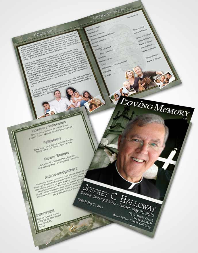 Bifold Order Of Service Obituary Template Brochure Emerald Heavenly Priest
