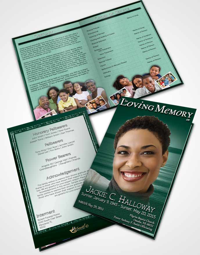 Bifold Order Of Service Obituary Template Brochure Emerald Ocean Sunset