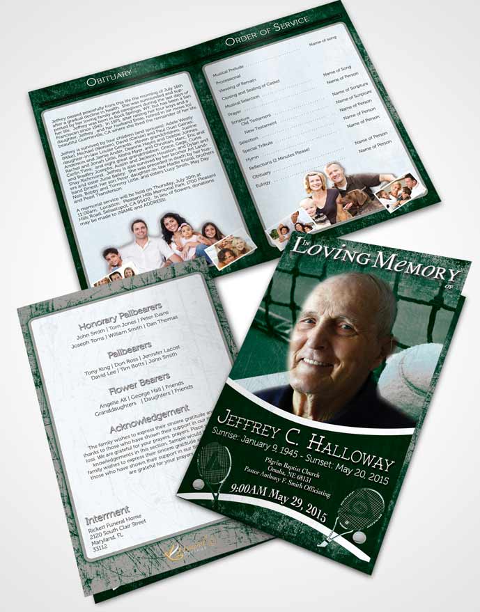Bifold Order Of Service Obituary Template Brochure Emerald Ocean Tennis Star