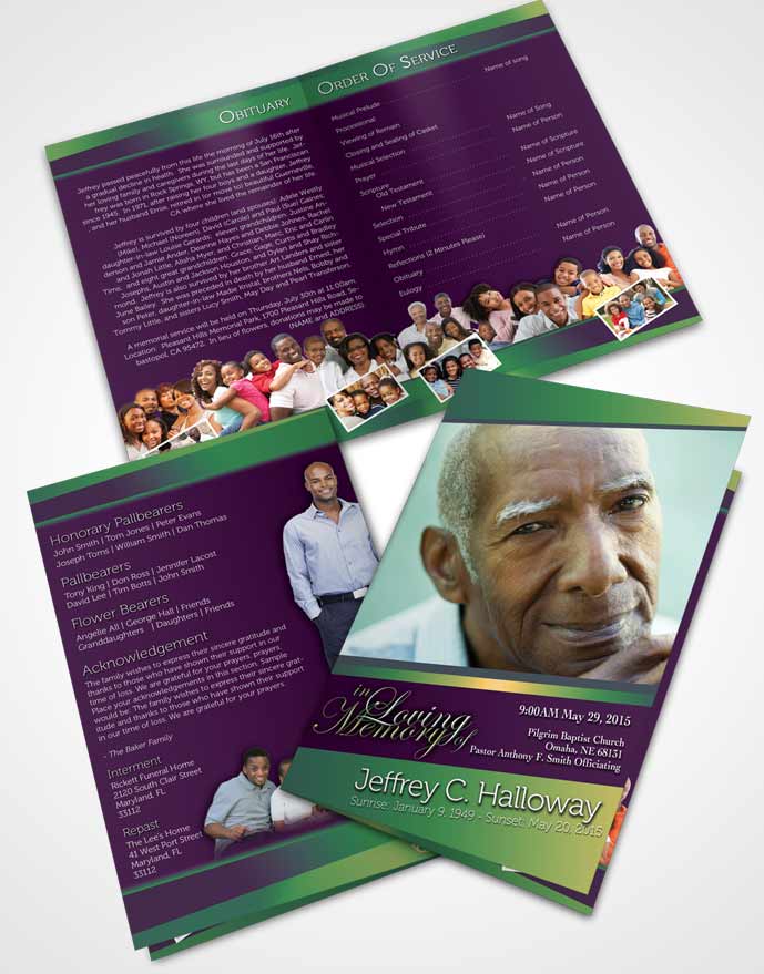 Bifold Order Of Service Obituary Template Brochure Emerald Serenity Tranquility Dark