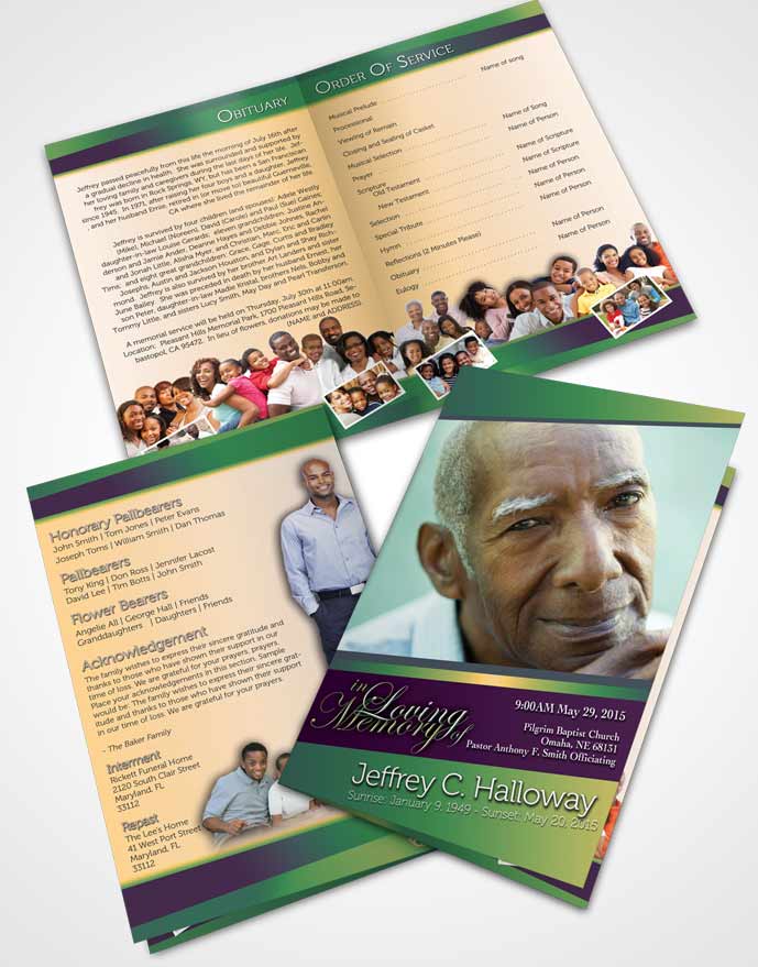 Bifold Order Of Service Obituary Template Brochure Emerald Serenity Tranquility Light