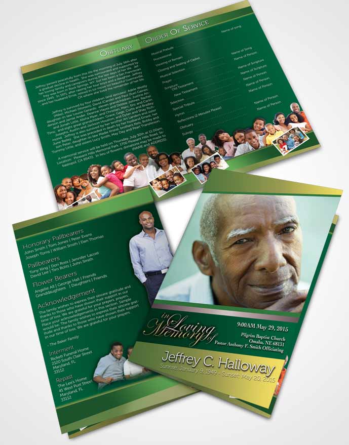 Bifold Order Of Service Obituary Template Brochure Emerald Sunrise Tranquility Dark