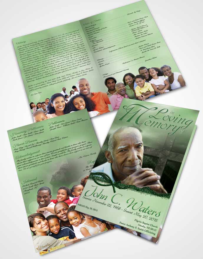 Bifold Order Of Service Obituary Template Brochure Evening Cross Emerald Glow