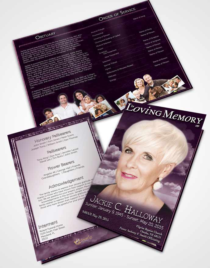 Bifold Order Of Service Obituary Template Brochure Fiery Lavender Clouds