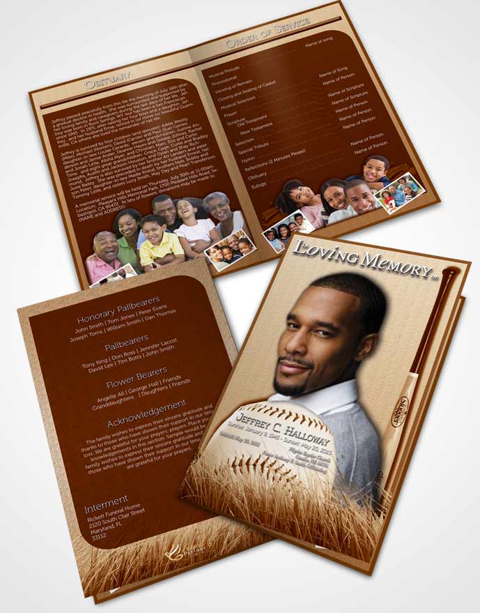 Bifold Order Of Service Obituary Template Brochure Golden Baseball Star Dark