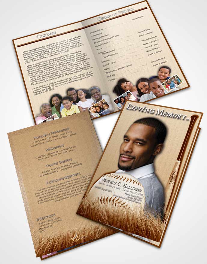 Bifold Order Of Service Obituary Template Brochure Golden Baseball Star Light