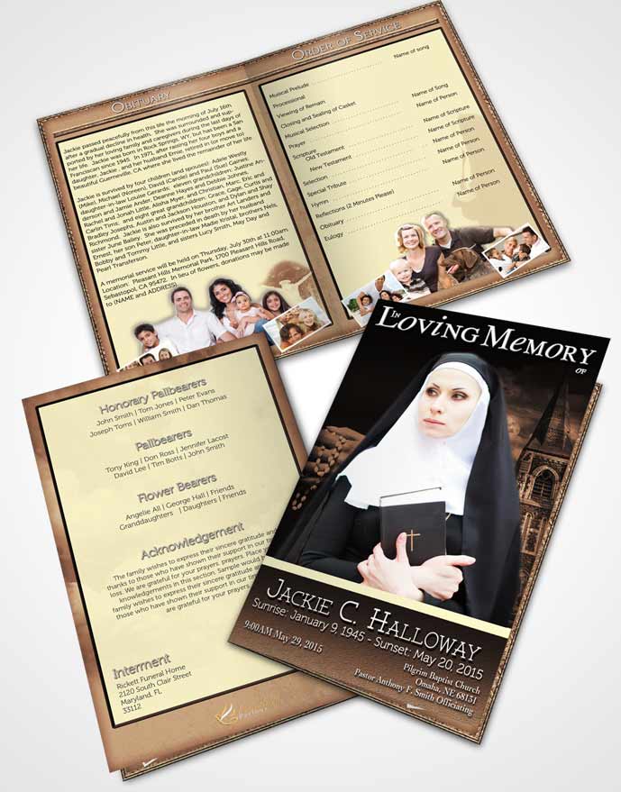 Bifold Order Of Service Obituary Template Brochure Golden Heavenly Nun