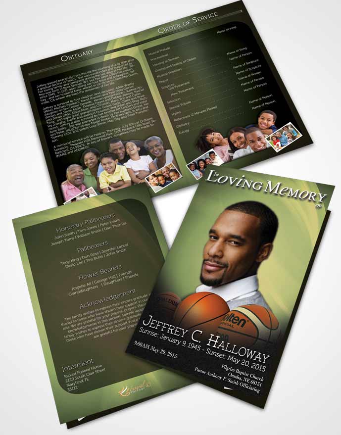 Bifold Order Of Service Obituary Template Brochure Golden Leaf Basketball Lover Dark