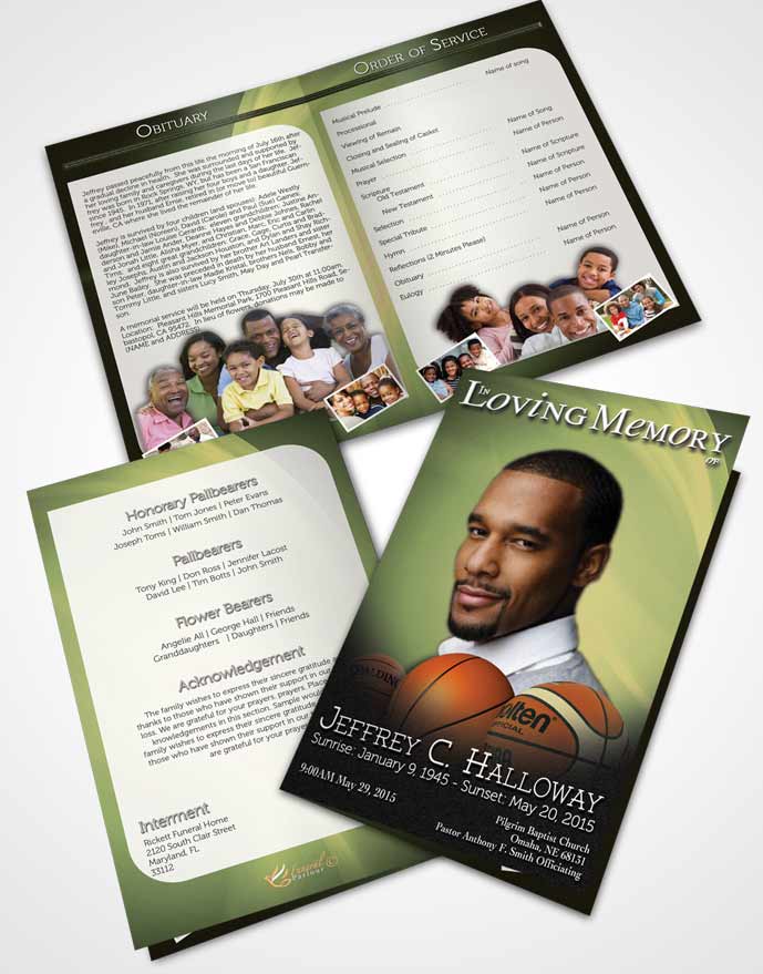 Bifold Order Of Service Obituary Template Brochure Golden Leaf Basketball Lover Light