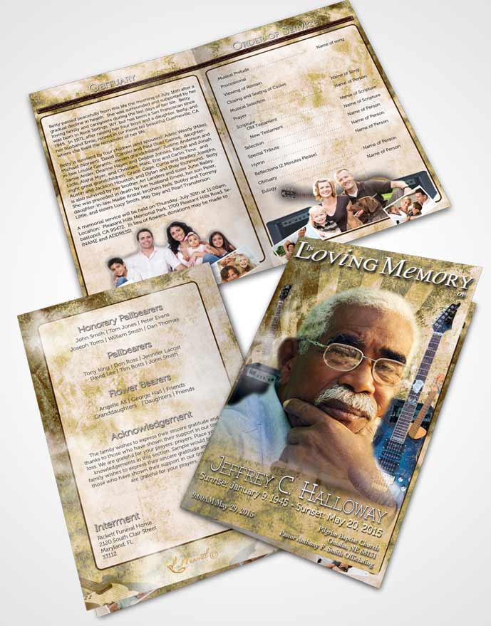 Bifold Order Of Service Obituary Template Brochure Golden Musician