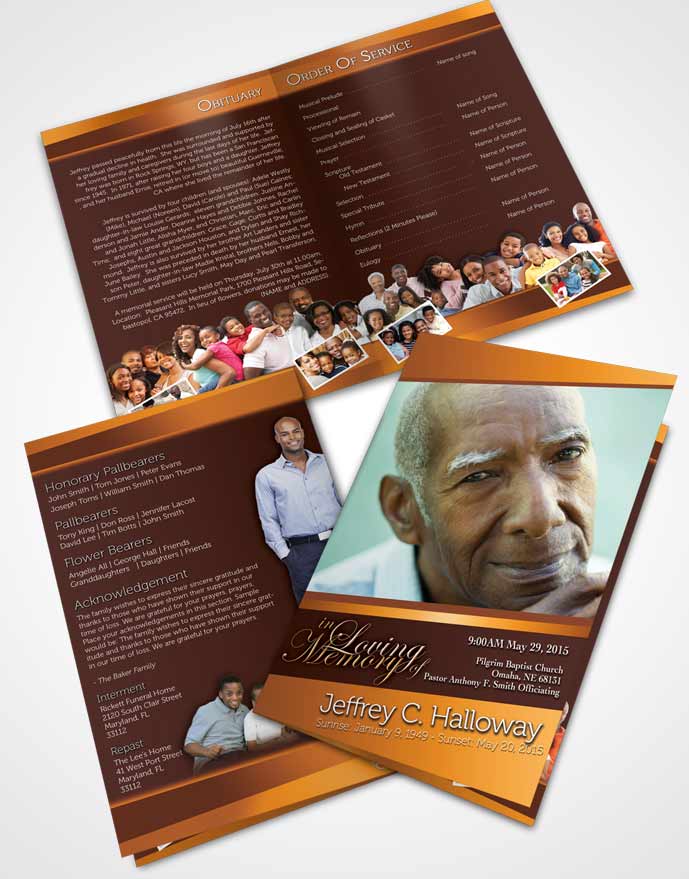 Bifold Order Of Service Obituary Template Brochure Golden Peach Tranquility Dark