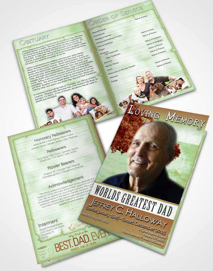 Bifold Order Of Service Obituary Template Brochure Greatest Dad Emerald Bliss