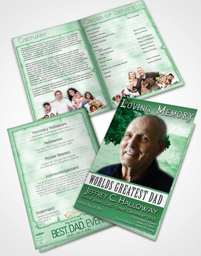 Bifold Order Of Service Obituary Template Brochure Greatest Dad Glowing Emerald