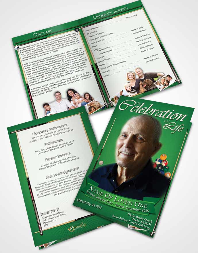Bifold Order Of Service Obituary Template Brochure Green Felt Billiards Desire
