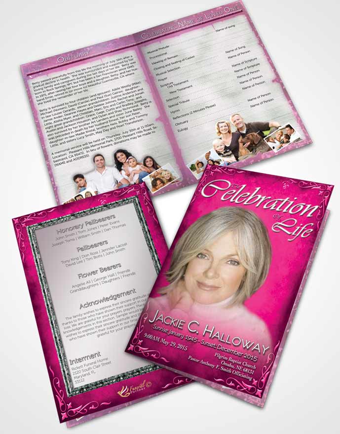 Bifold Order Of Service Obituary Template Brochure Heavens Touch Hot Pink