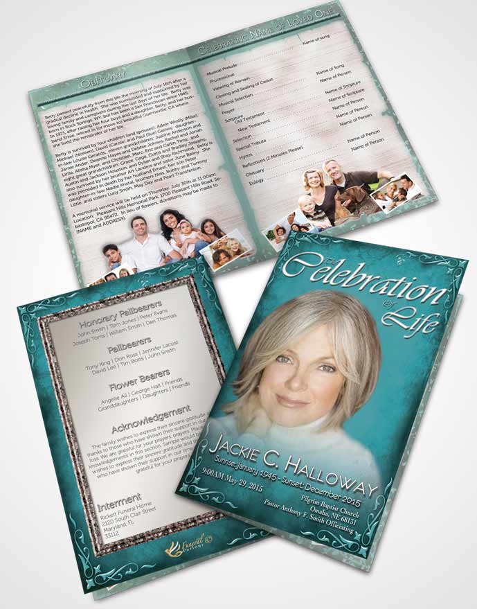 Bifold Order Of Service Obituary Template Brochure Heavens Touch Soft Turquoise Breeze