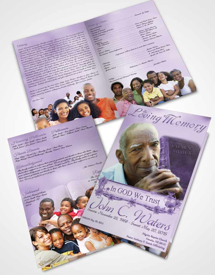 Bifold Order Of Service Obituary Template Brochure Holy Bible Lavender Honor