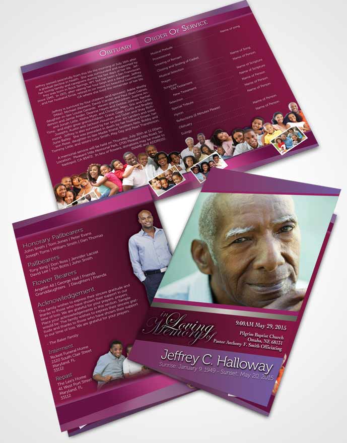 Bifold Order Of Service Obituary Template Brochure Hot Pink Majesty Tranquility Dark