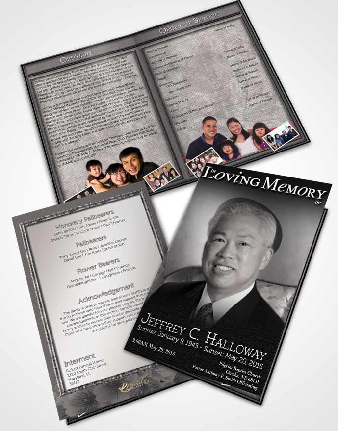Bifold Order Of Service Obituary Template Brochure Japanese Black and White Blossoms