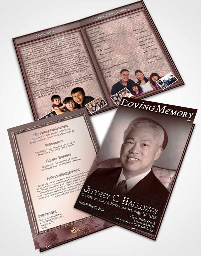 Bifold Order Of Service Obituary Template Brochure Japanese Burgundy Blossoms