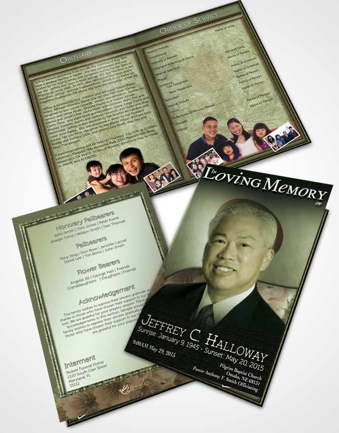 Bifold Order Of Service Obituary Template Brochure Japanese Emerald Blossoms