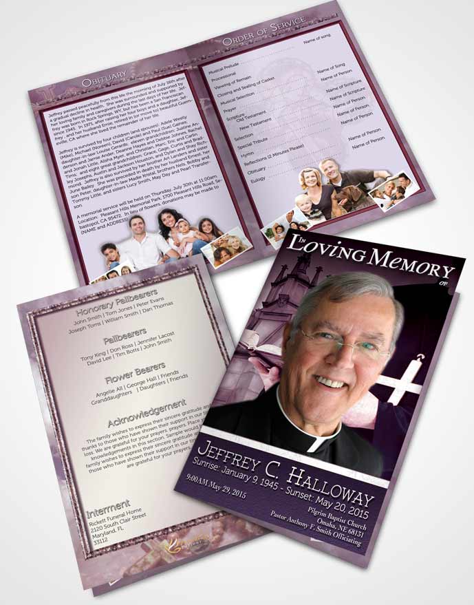 Bifold Order Of Service Obituary Template Brochure Lavender Heavenly Priest
