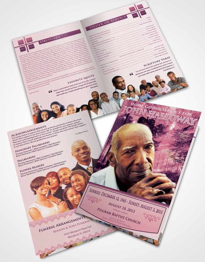 Bifold Order Of Service Obituary Template Brochure Lavender Love Forest Laughter