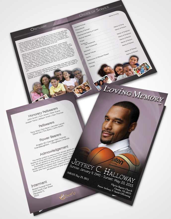Bifold Order Of Service Obituary Template Brochure Lavender Mist Basketball Lover Light