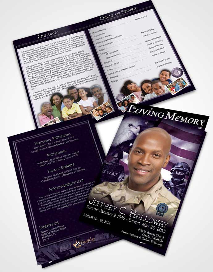 Bifold Order Of Service Obituary Template Brochure Lavender SWAT Enforcement