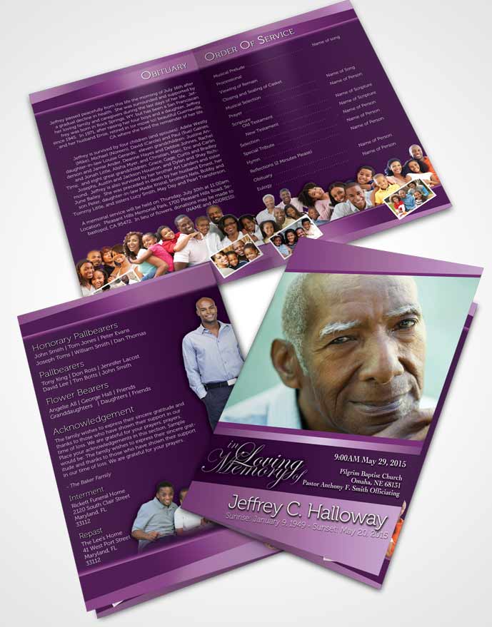 Bifold Order Of Service Obituary Template Brochure Lavender Sunrise Tranquility Dark