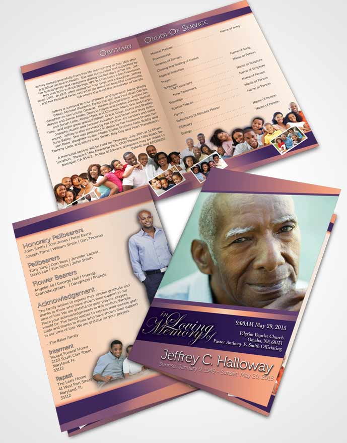 Bifold Order Of Service Obituary Template Brochure Lavender Sunset Tranquility Light