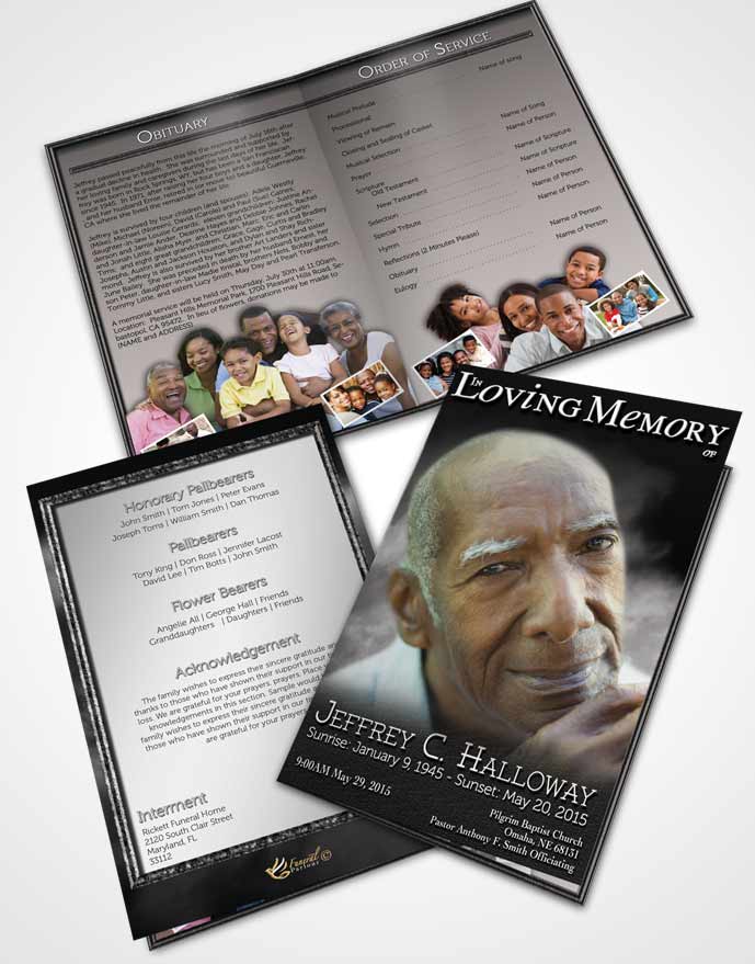 Bifold Order Of Service Obituary Template Brochure Misty Black and White Clouds