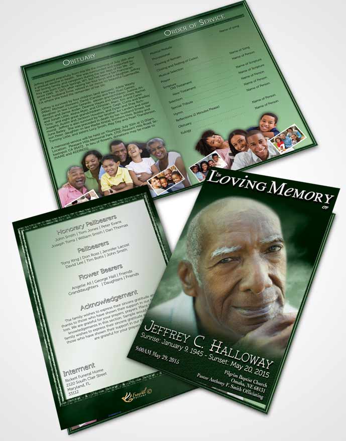 Bifold Order Of Service Obituary Template Brochure Misty Emeralds Clouds