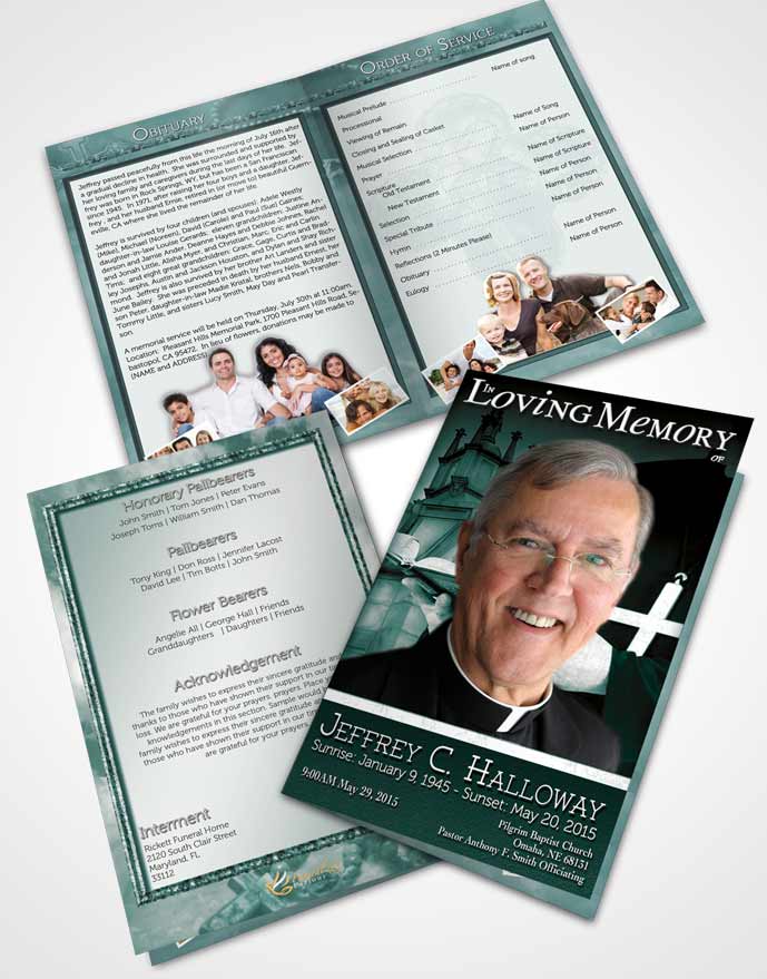 Bifold Order Of Service Obituary Template Brochure Misty Sky Heavenly Priest