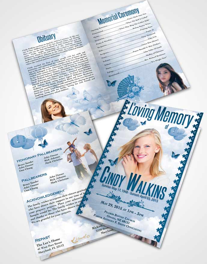 Bifold Order Of Service Obituary Template Brochure Natural Elegance Blue Waters