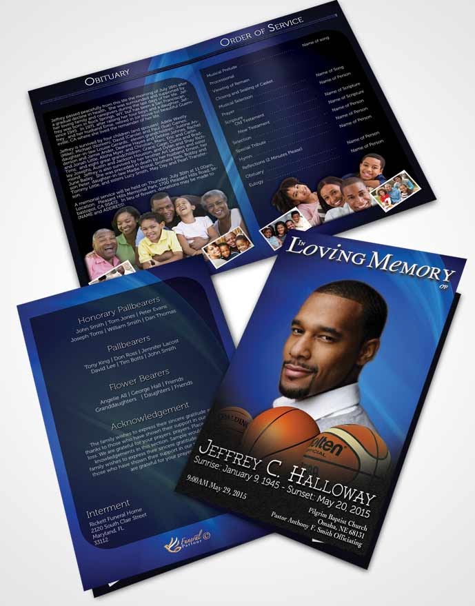 Bifold Order Of Service Obituary Template Brochure Ocean Blue Basketball Lover Dark