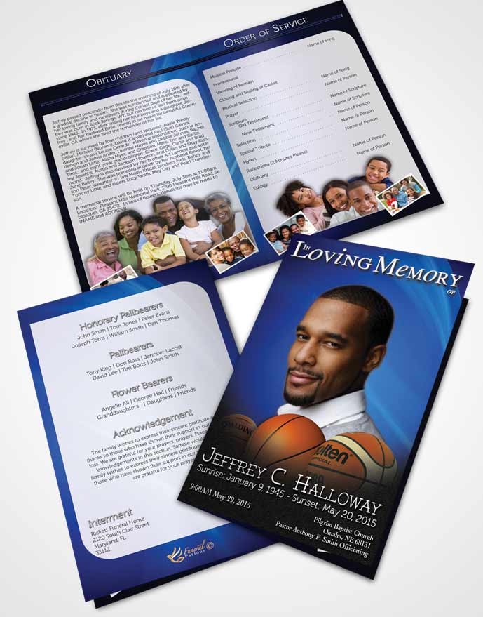 Bifold Order Of Service Obituary Template Brochure Ocean Blue Basketball Lover Light