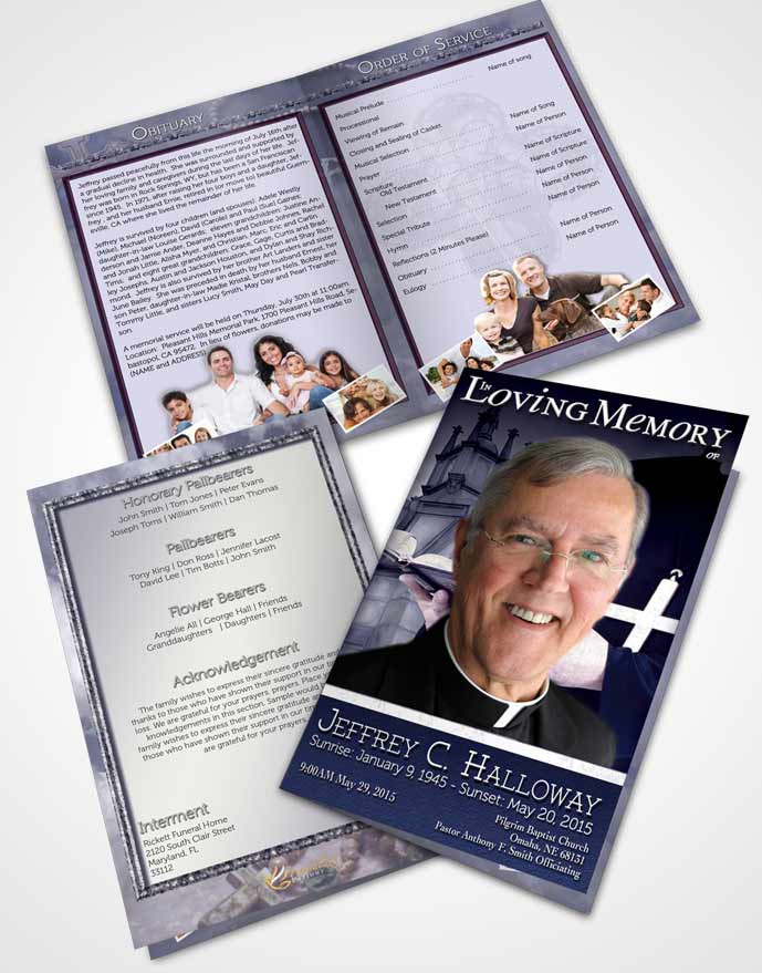 Bifold Order Of Service Obituary Template Brochure Ocean Blue Heavenly Priest