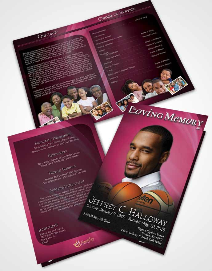 Bifold Order Of Service Obituary Template Brochure Pink Basketball Lover Dark
