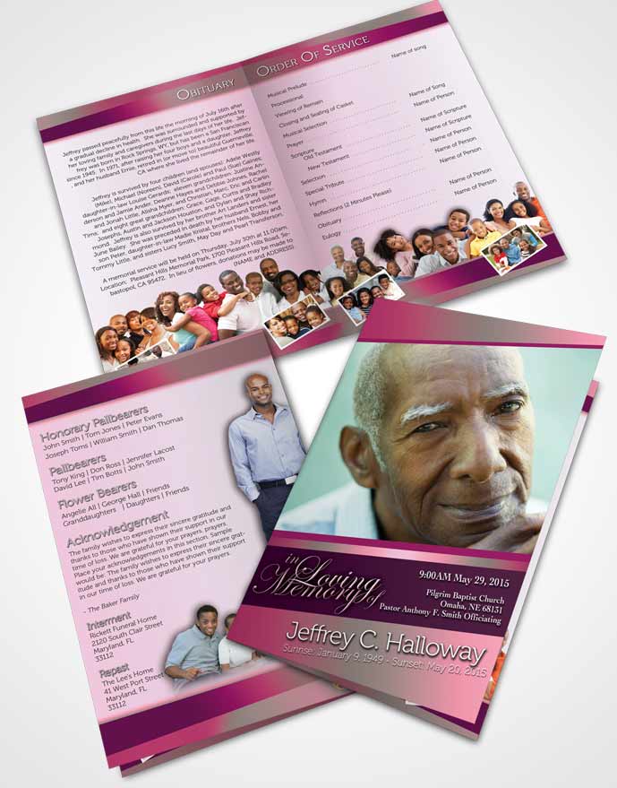 Bifold Order Of Service Obituary Template Brochure Pink Faith Tranquility Light