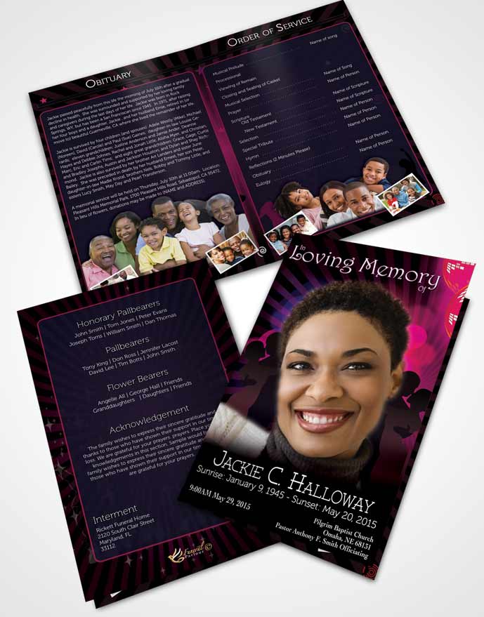 Bifold Order Of Service Obituary Template Brochure Pink Graceful Dancer Dark