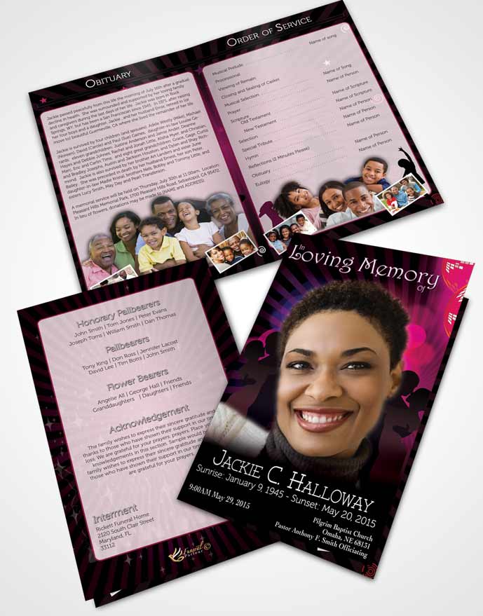 Bifold Order Of Service Obituary Template Brochure Pink Graceful Dancer Light