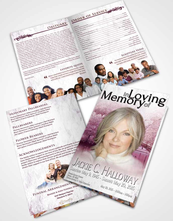 Bifold Order Of Service Obituary Template Brochure Pink Heaven Winter Paradise