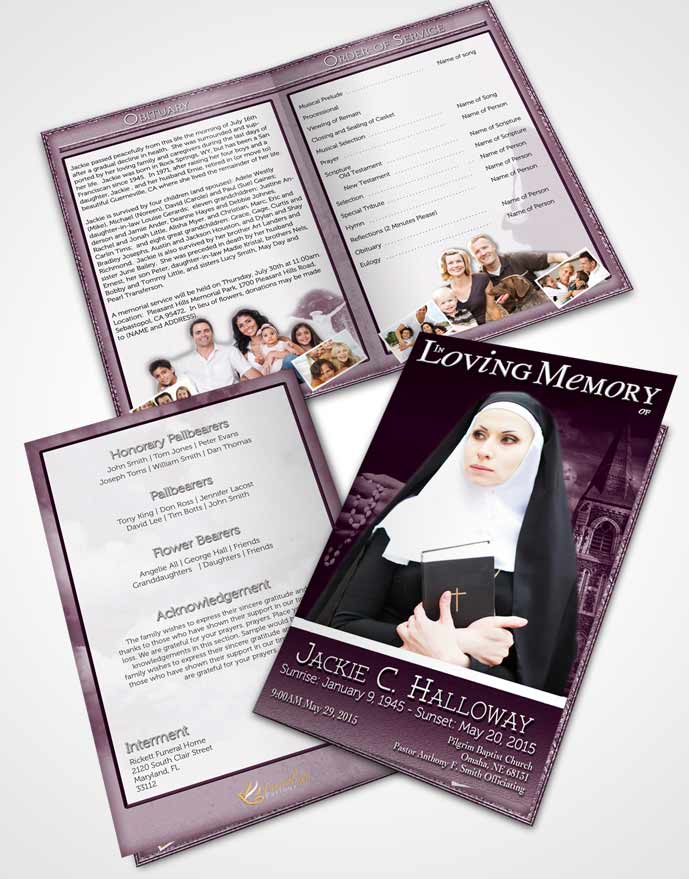 Bifold Order Of Service Obituary Template Brochure Pink Heavenly Nun