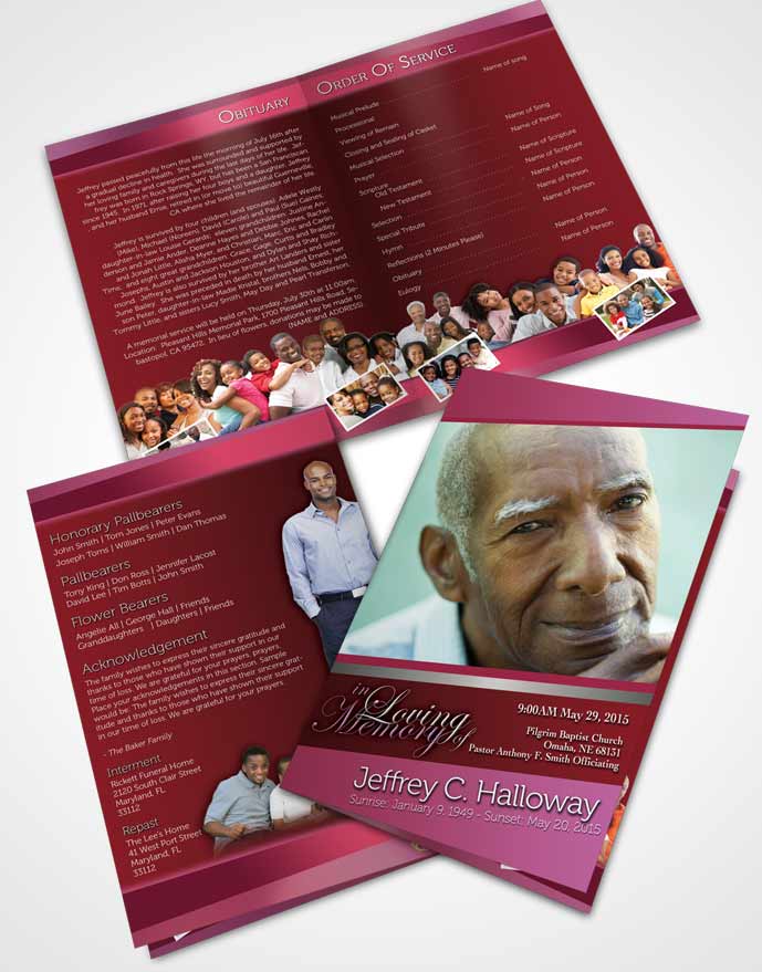 Bifold Order Of Service Obituary Template Brochure Pink Love Tranquility Dark
