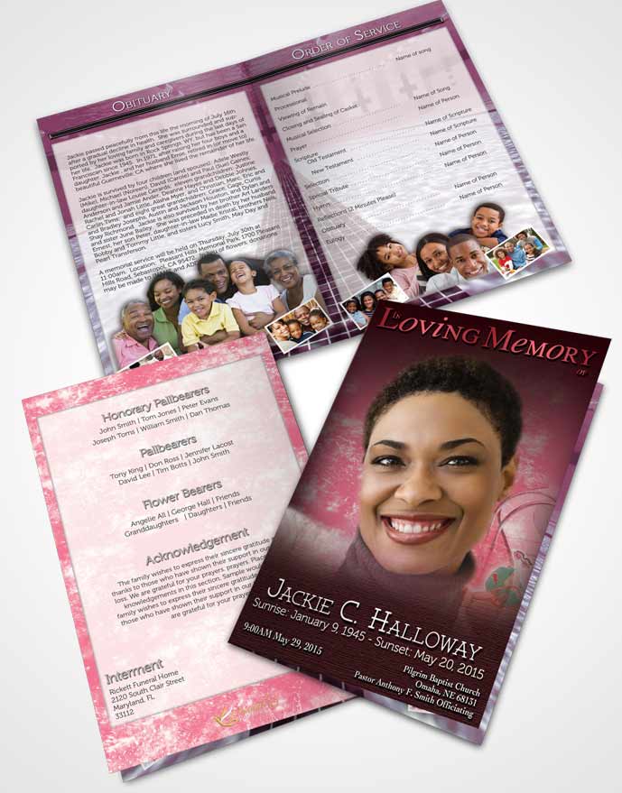 Bifold Order Of Service Obituary Template Brochure Pink Swimming Desire