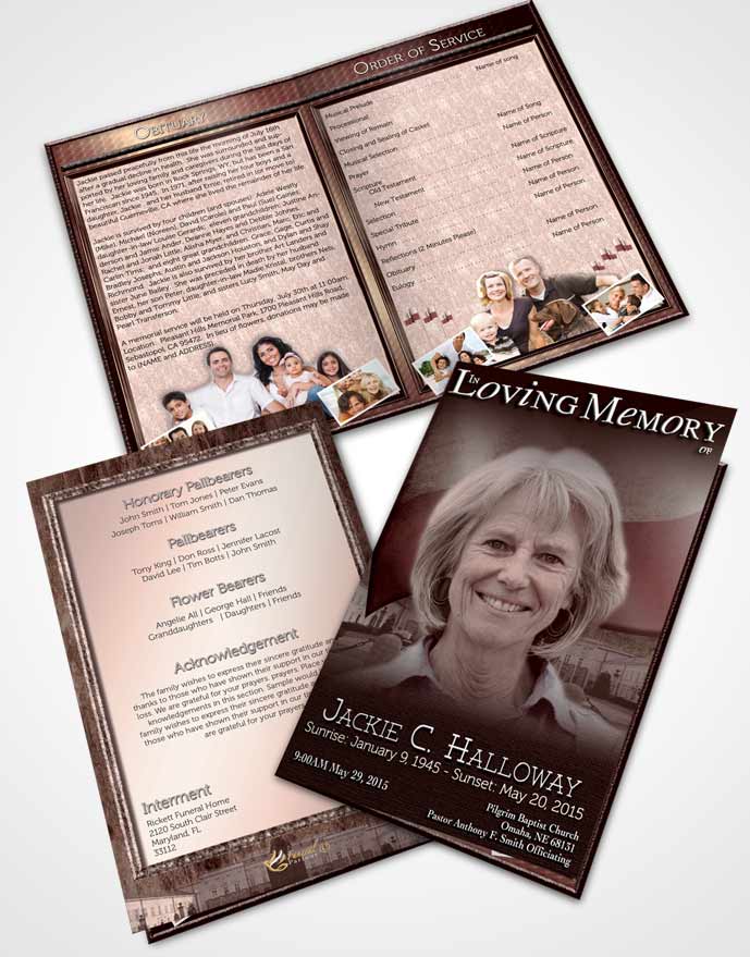 Bifold Order Of Service Obituary Template Brochure Polish Burgundy Serenity