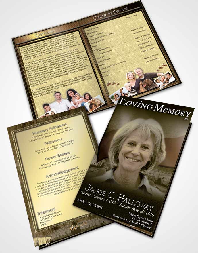 Bifold Order Of Service Obituary Template Brochure Polish Golden Serenity