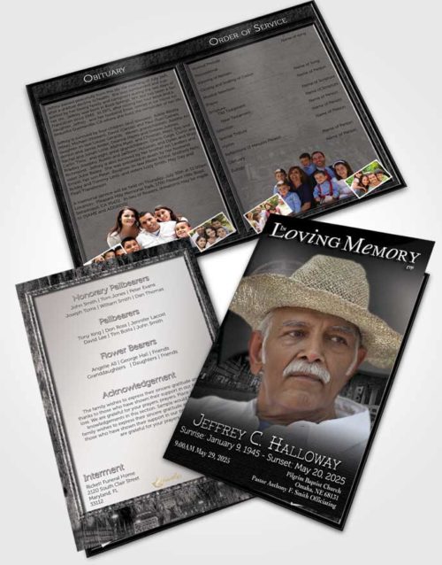 Bifold Order Of Service Obituary Template Brochure Portuguese Black and White Serenity