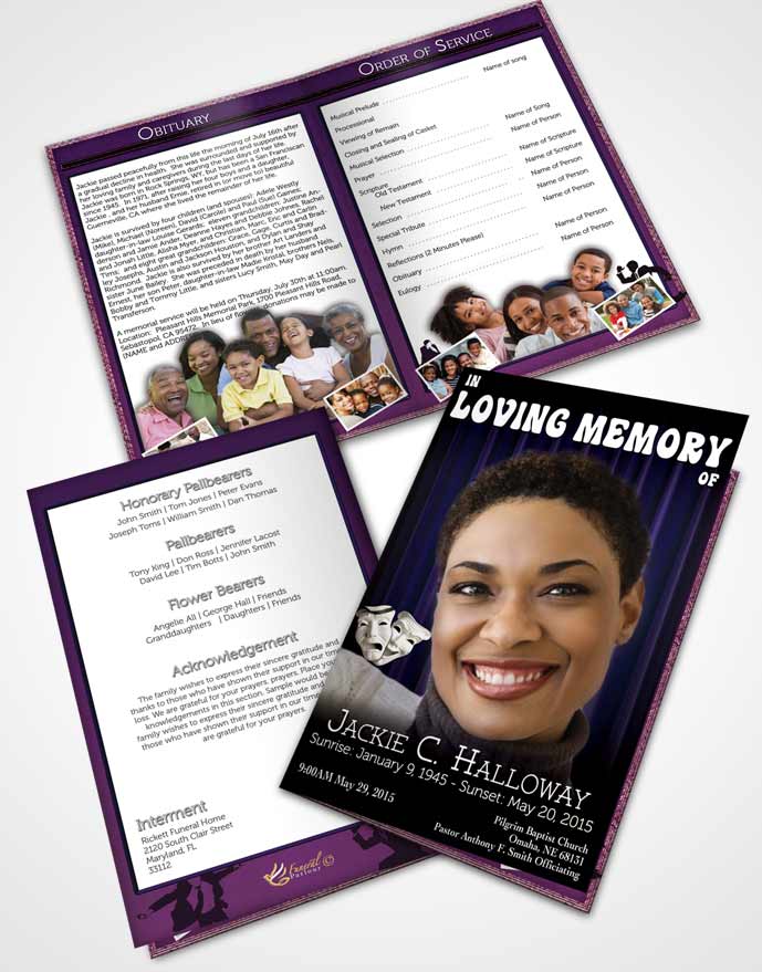 Bifold Order Of Service Obituary Template Brochure Purple Actor